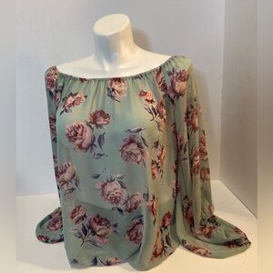 Emma Rose~Sheer~Mint & Floral~Off-The-Shoulder Blouse~Oversized Sleeves~Size L
